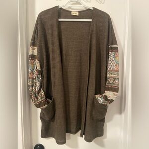 Bibi waffle knit mixed media open front loose paisley print pocket cardigan L